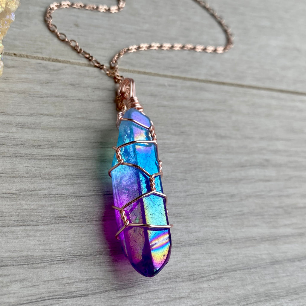 Aura quartz wire wrapped crystal necklace on rose gold chain – Wholehearted Crystal Creations