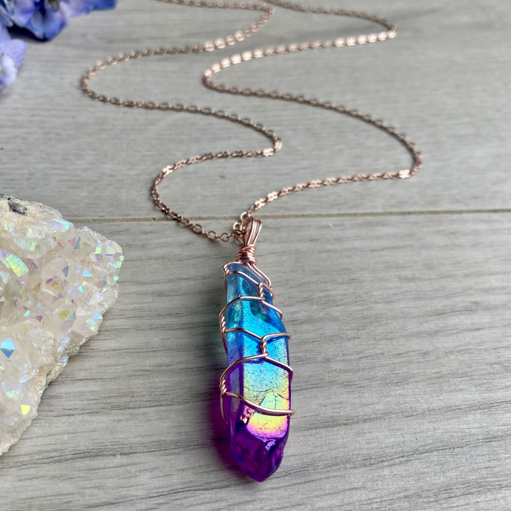 Aura quartz wire wrapped crystal necklace on rose gold chain – Wholehearted Crystal Creations