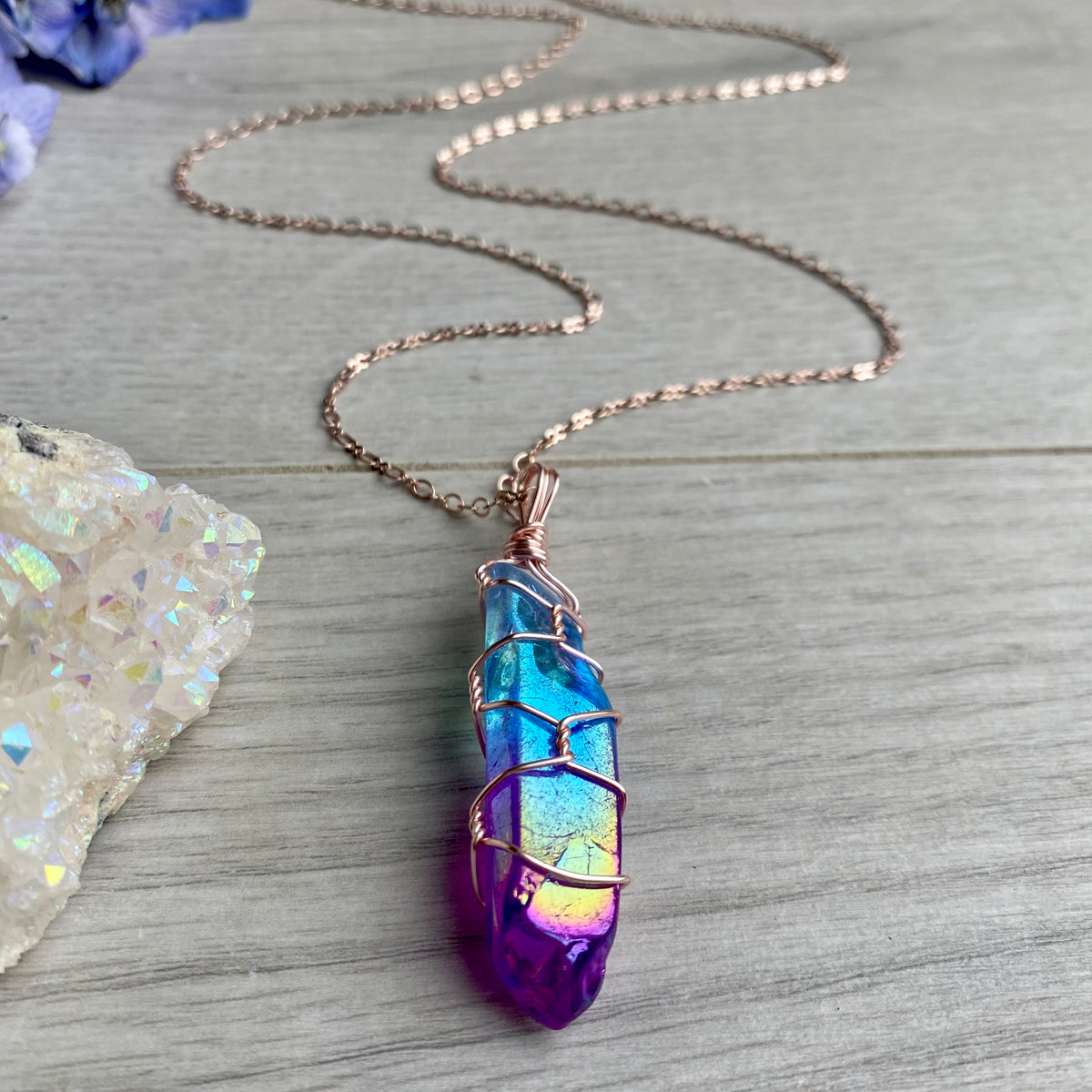 Aura quartz wire wrapped crystal necklace on rose gold chain – Wholehearted Crystal Creations