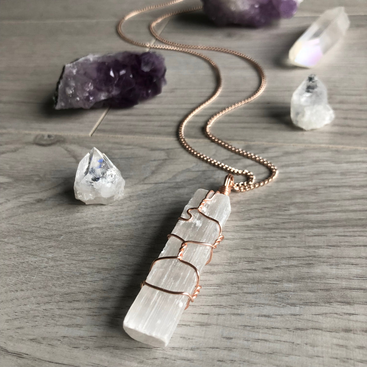 Selenite wire wrapped crystal necklace on rose gold chain – Wholehearted Crystal Creations