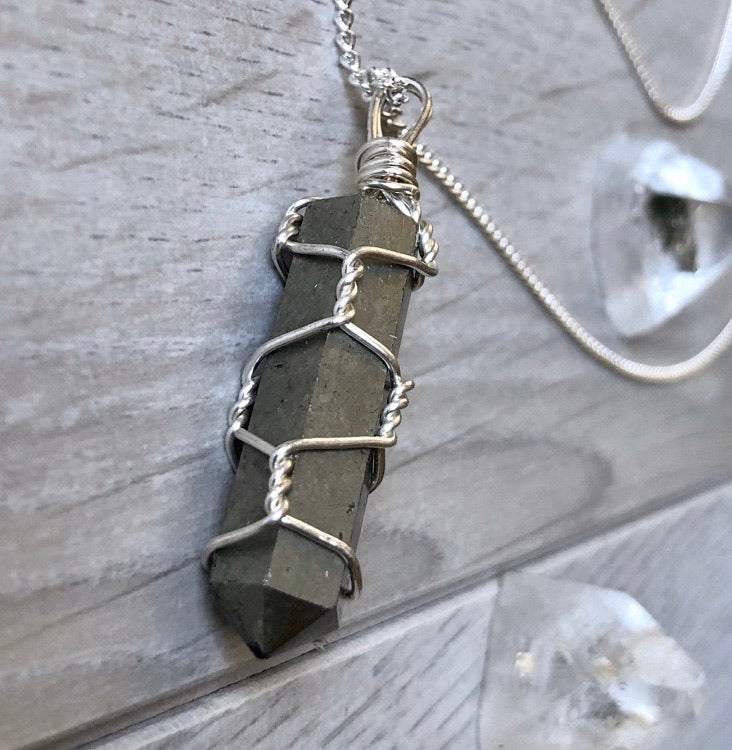 Pyrite wire wrapped crystal necklace on silver chain – Wholehearted Crystal Creations