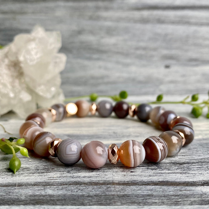 Botswana Agate Stretch Bracelet with Rose Gold Hematite Spacers