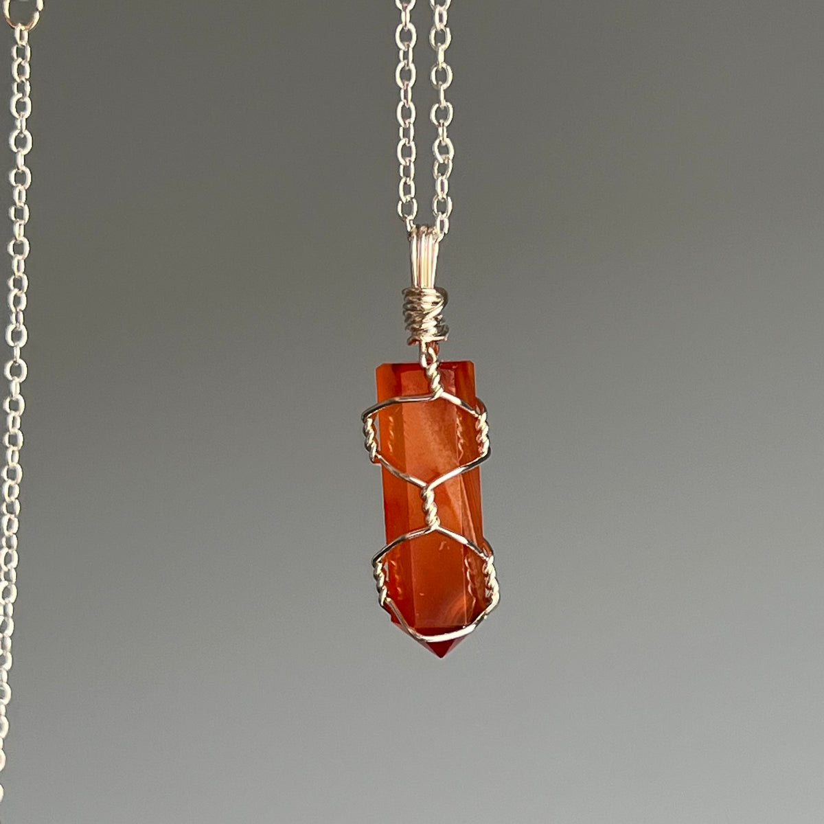 Carnelian wire wrapped crystal necklace on silver chain – Wholehearted Crystal Creations