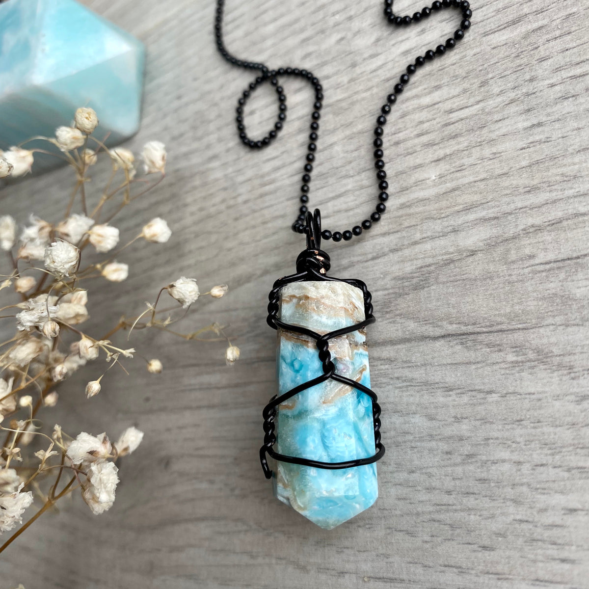 Blue aragonite (calcite) wire wrapped crystal necklace on black chain – Wholehearted Crystal Creations