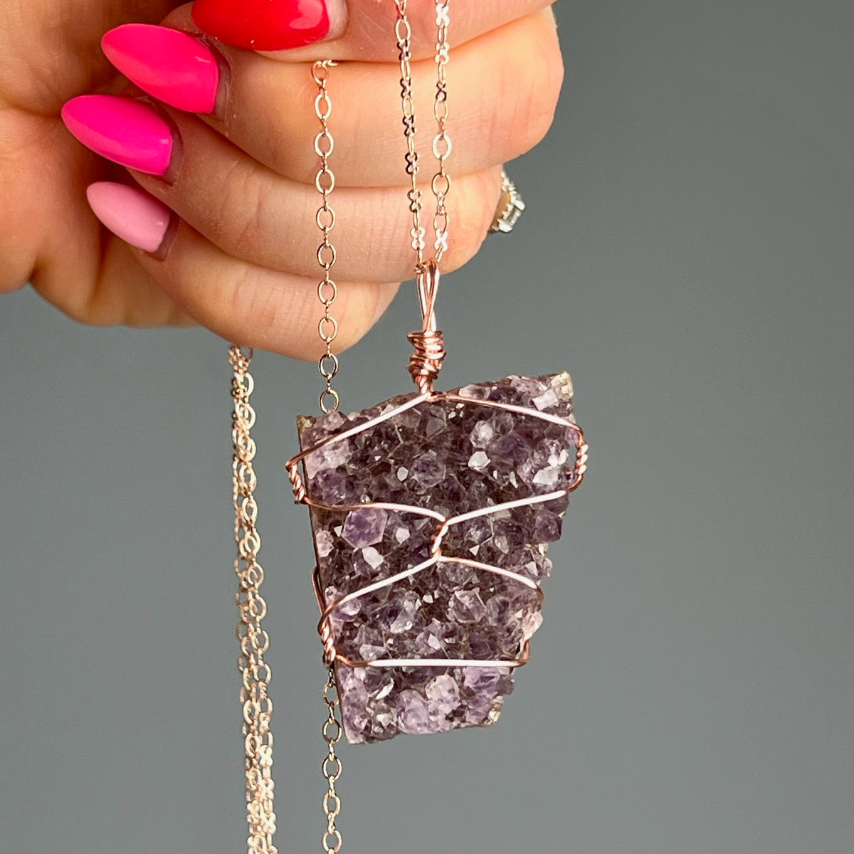 Amethyst cluster wire wrapped crystal necklace on rose gold chain – Wholehearted Crystal Creations