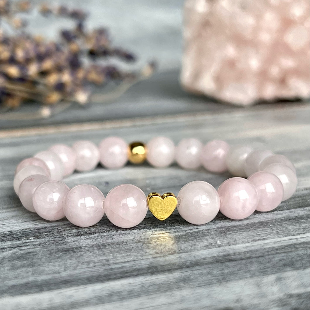 Rose Quartz with Heart Shaped Gold Hematite Spacer Stretch Bracelet