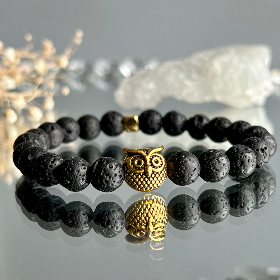 Lava Stone with Owl Spacer Diffuser Stretch Bracelet- Gold Hematite Spacer