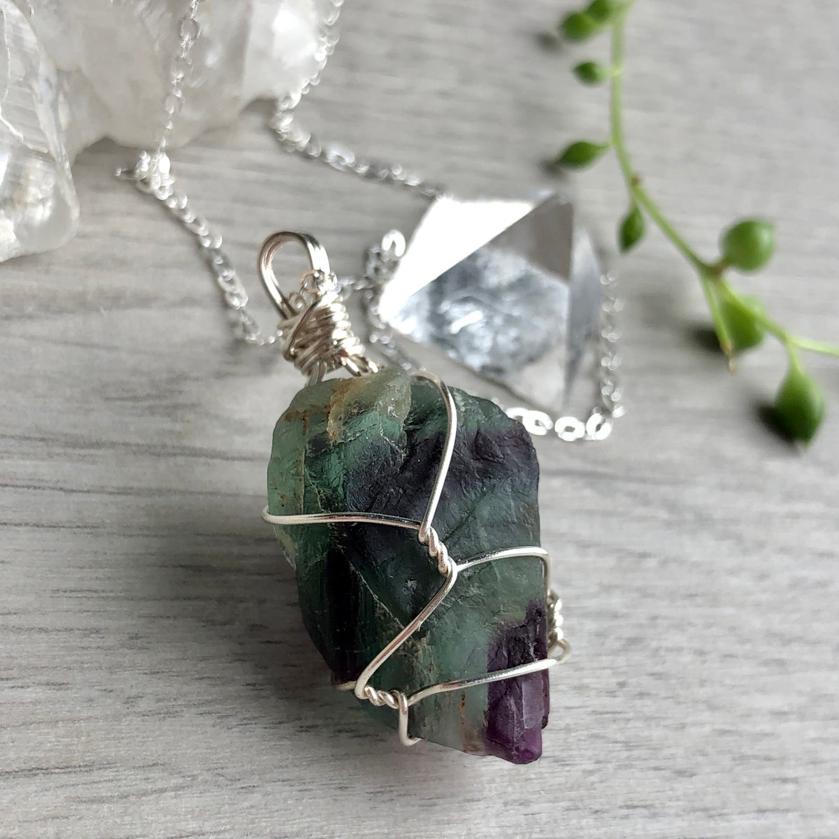 Rainbow fluorite (raw) wire wrapped crystal necklace on silver chain – Wholehearted Crystal Creations