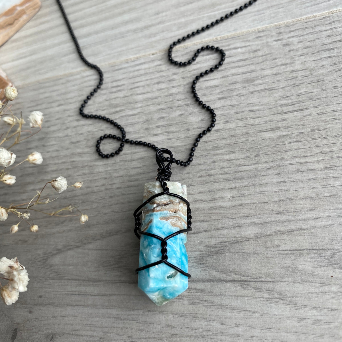 Blue aragonite (calcite) wire wrapped crystal necklace on black chain – Wholehearted Crystal Creations