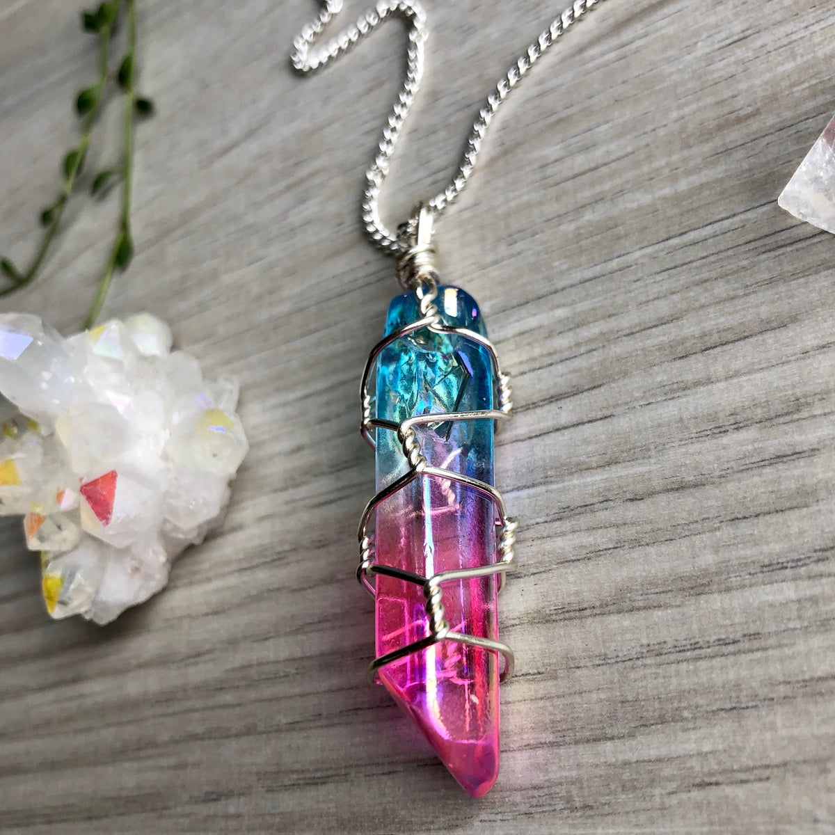 Aura quartz wire wrapped crystal necklace on silver chain – Wholehearted Crystal Creations
