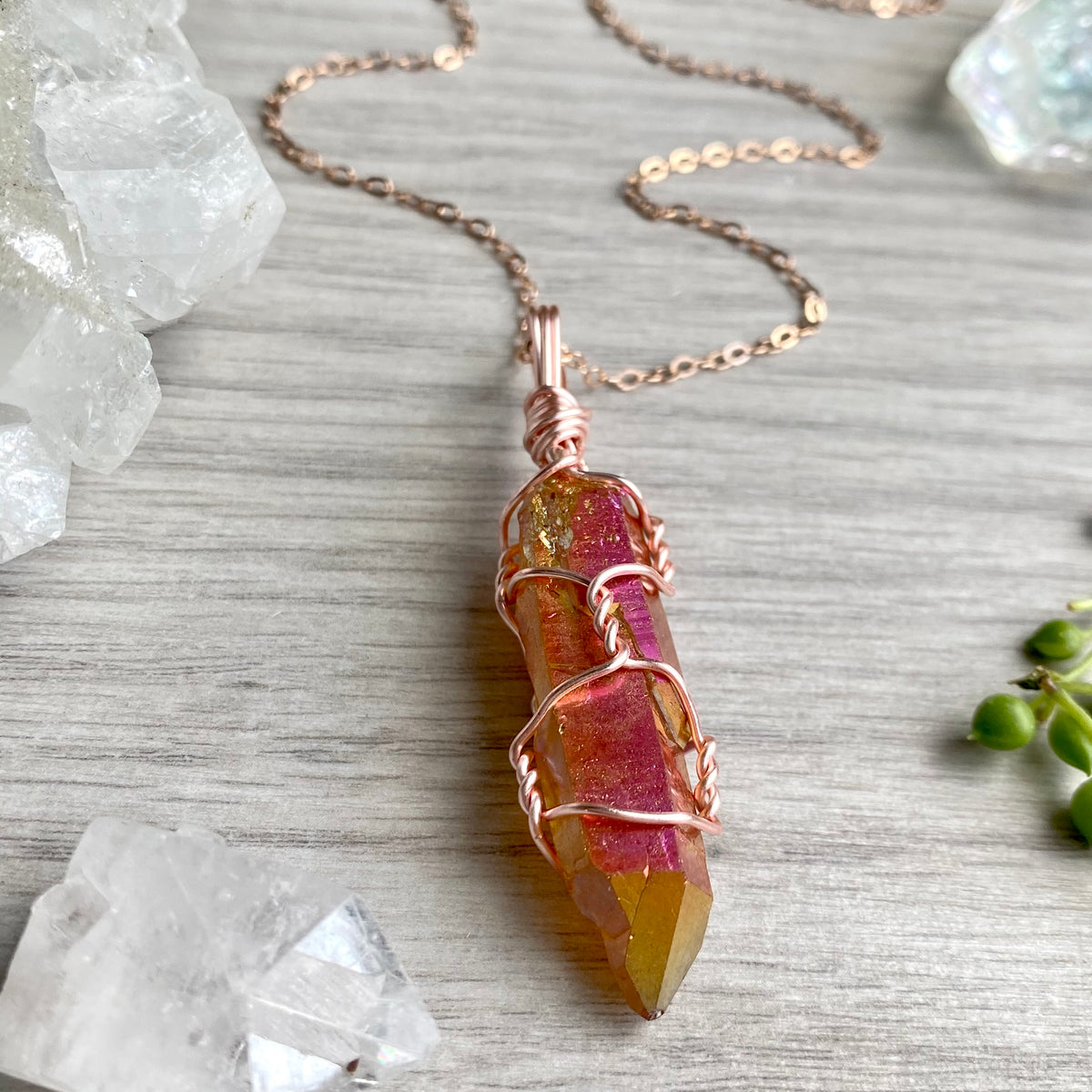 Sunset aura quartz wire wrapped crystal necklace on rose gold chain – Wholehearted Crystal Creations