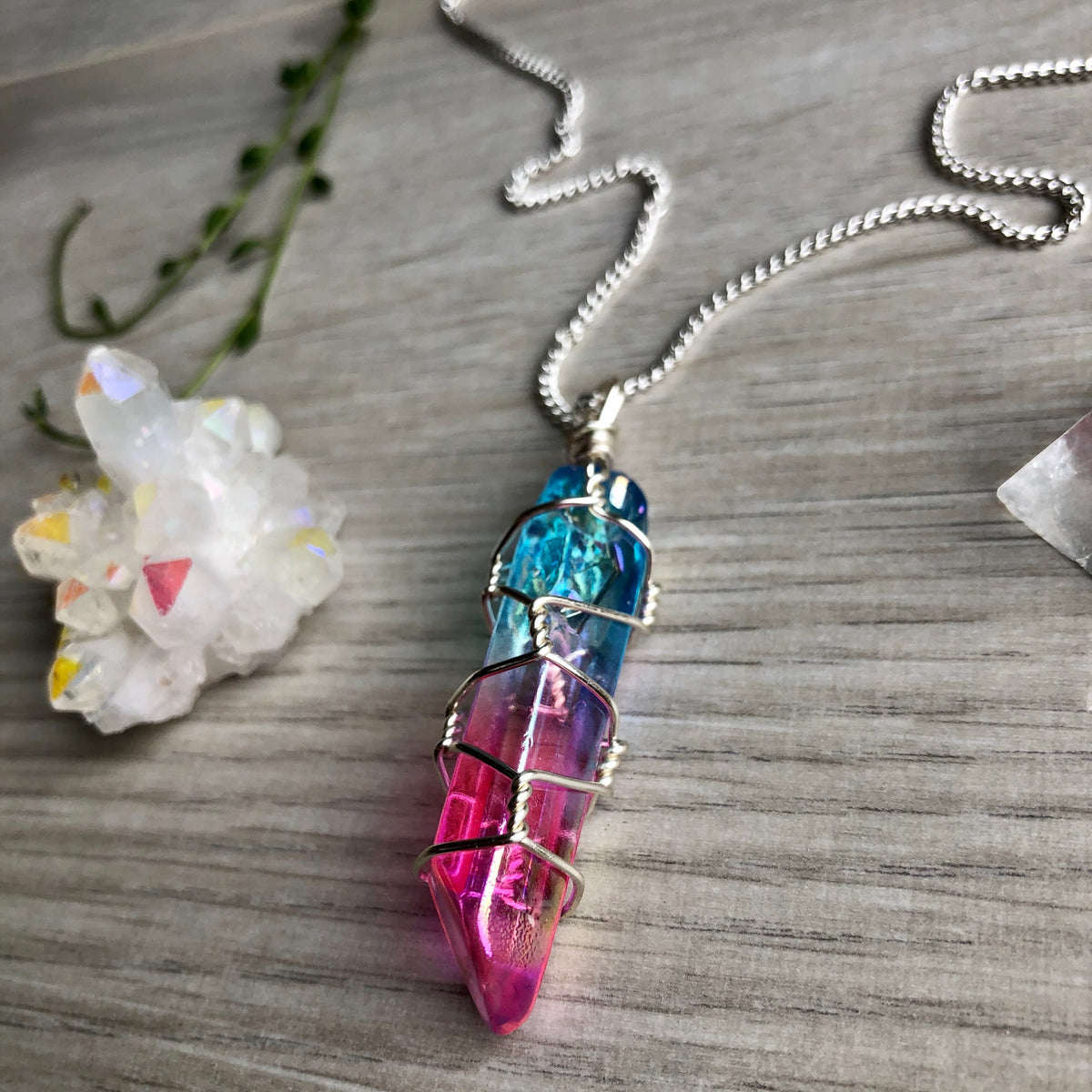 Aura quartz wire wrapped crystal necklace on silver chain – Wholehearted Crystal Creations