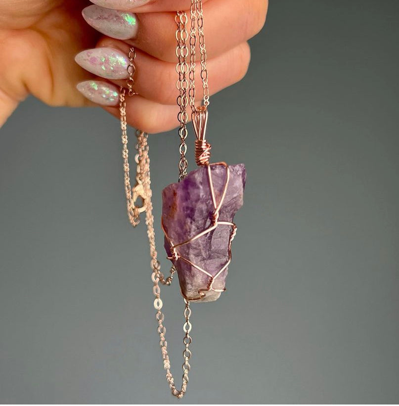Amethyst wire wrapped crystal necklace on rose gold chain – Wholehearted Crystal Creations