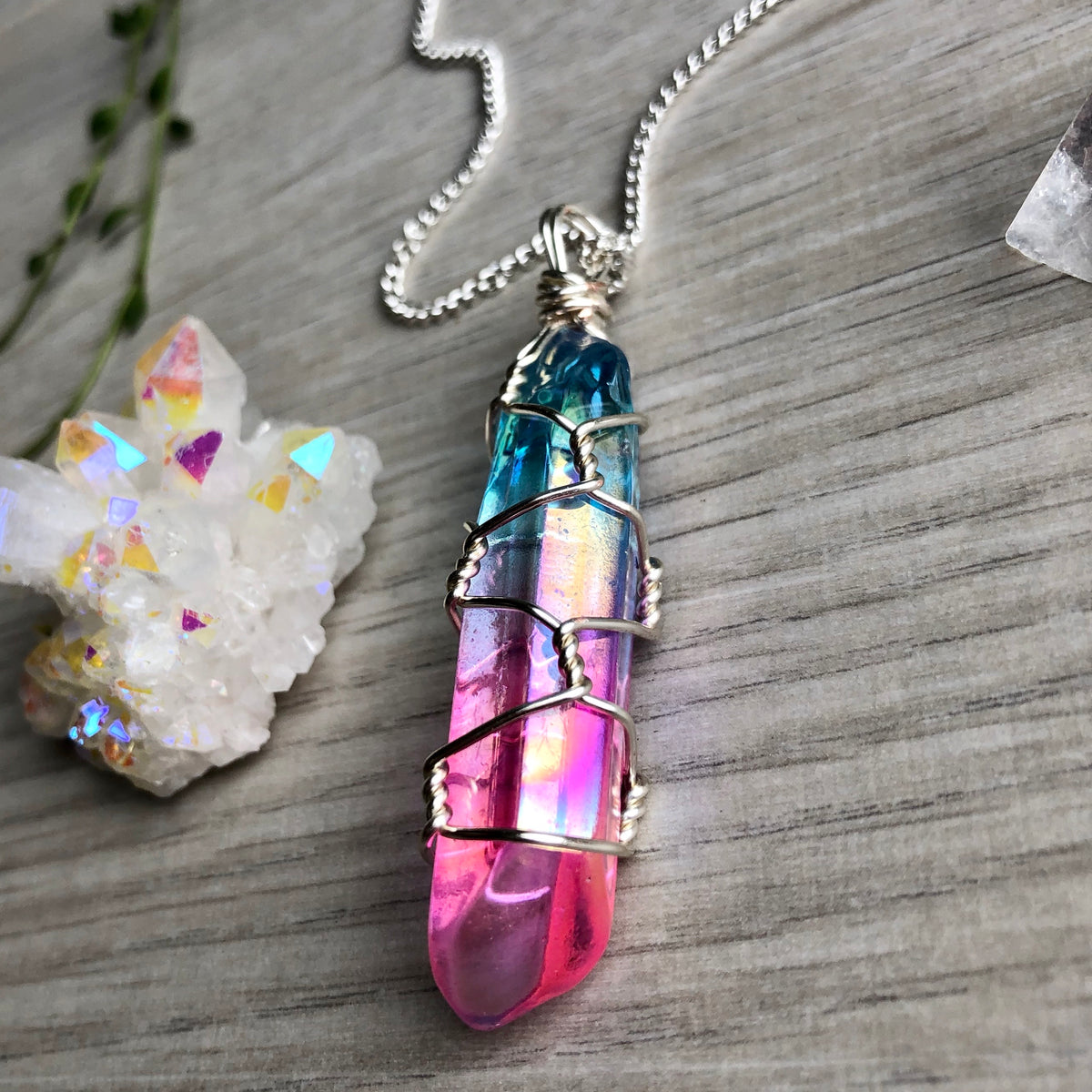 Aura quartz wire wrapped crystal necklace on silver chain – Wholehearted Crystal Creations