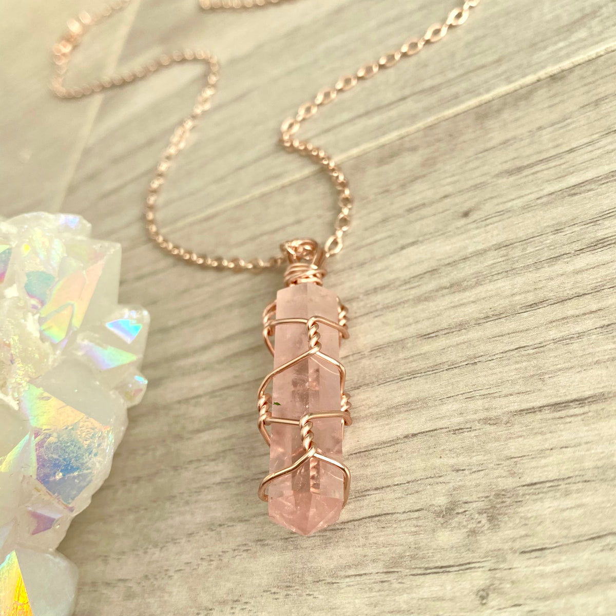 Rose quartz wire wrapped crystal necklace on rose gold chain – Wholehearted Crystal Creations
