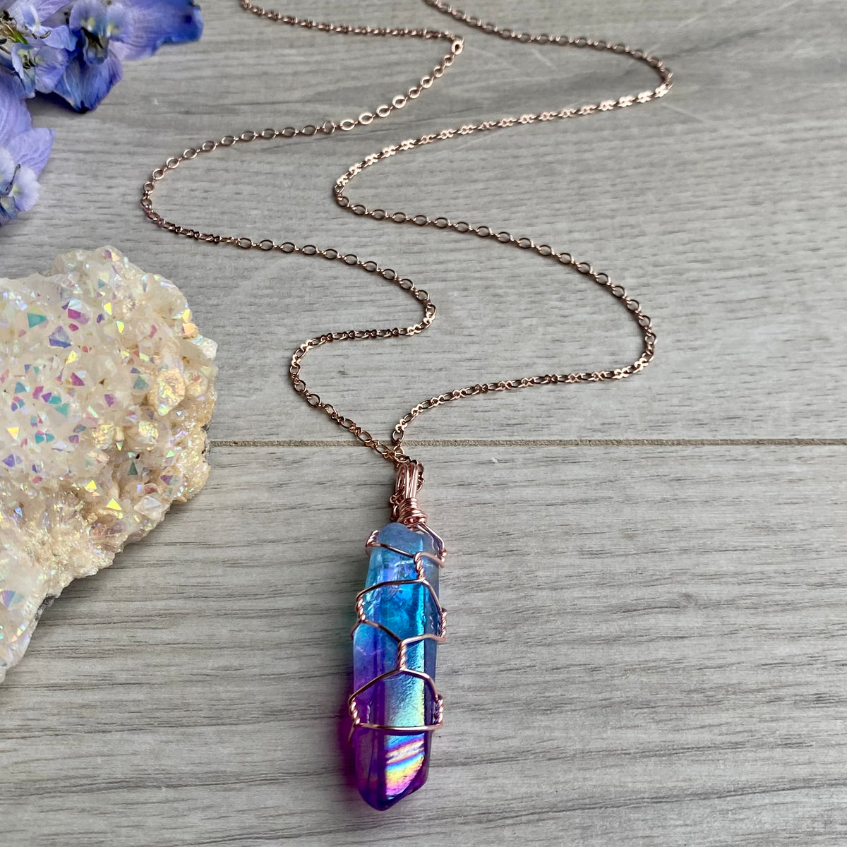 Aura quartz wire wrapped crystal necklace on rose gold chain – Wholehearted Crystal Creations