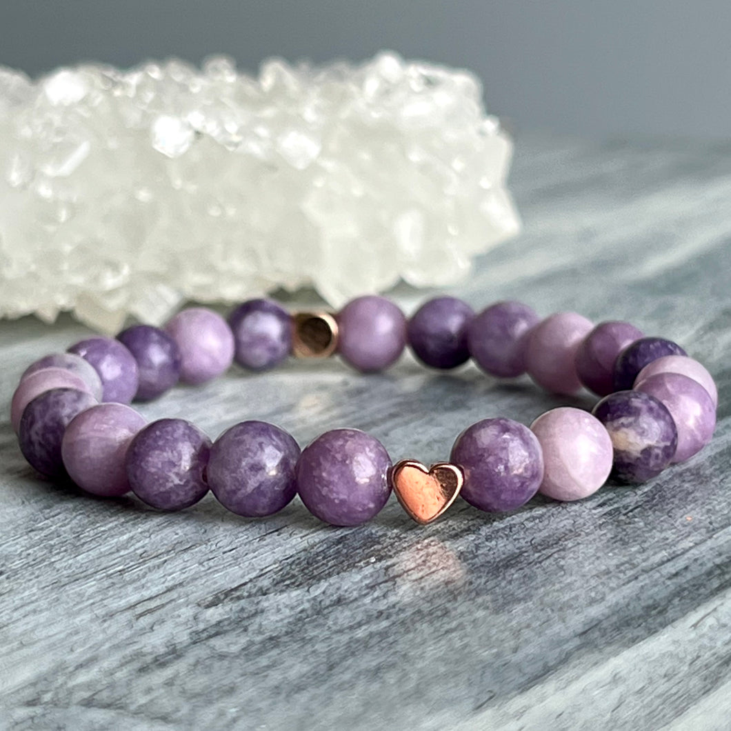 Lepidolite with Rose Gold Hematite Spacer Stretch Bracelet with Gold Spacer