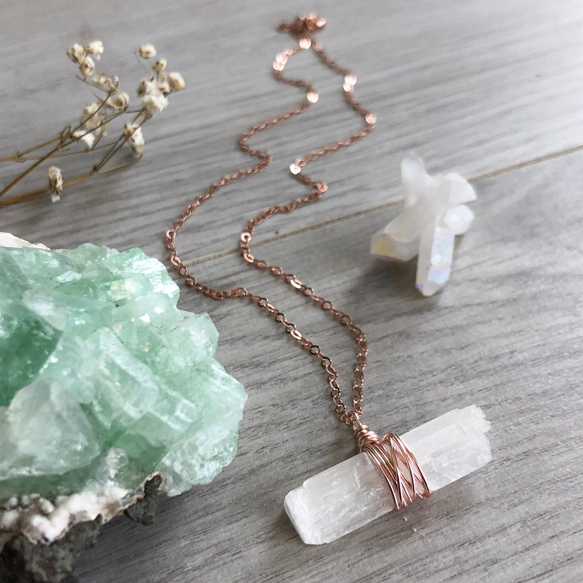 Selenite bar wire wrapped crystal necklace on rose gold chain – Wholehearted Crystal Creations
