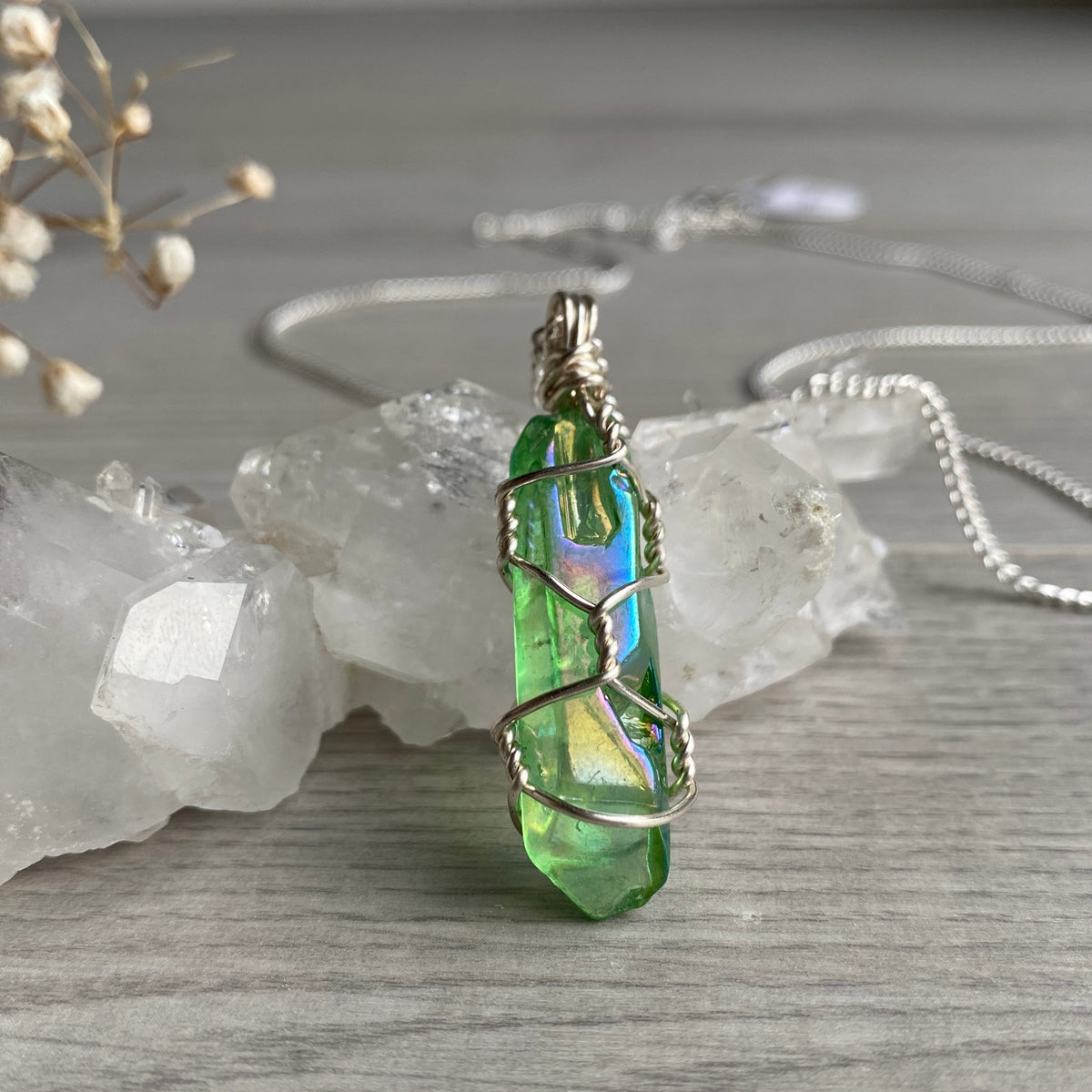 Green apple aura quartz wire wrapped crystal necklace on rose gold chain – Wholehearted Crystal Creations