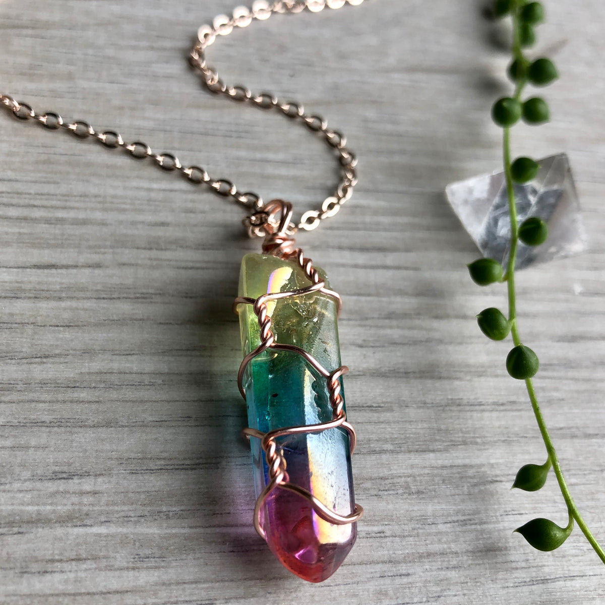 Rainbow aura quartz wire wrapped crystal necklace on rose gold chain – Wholehearted Crystal Creations