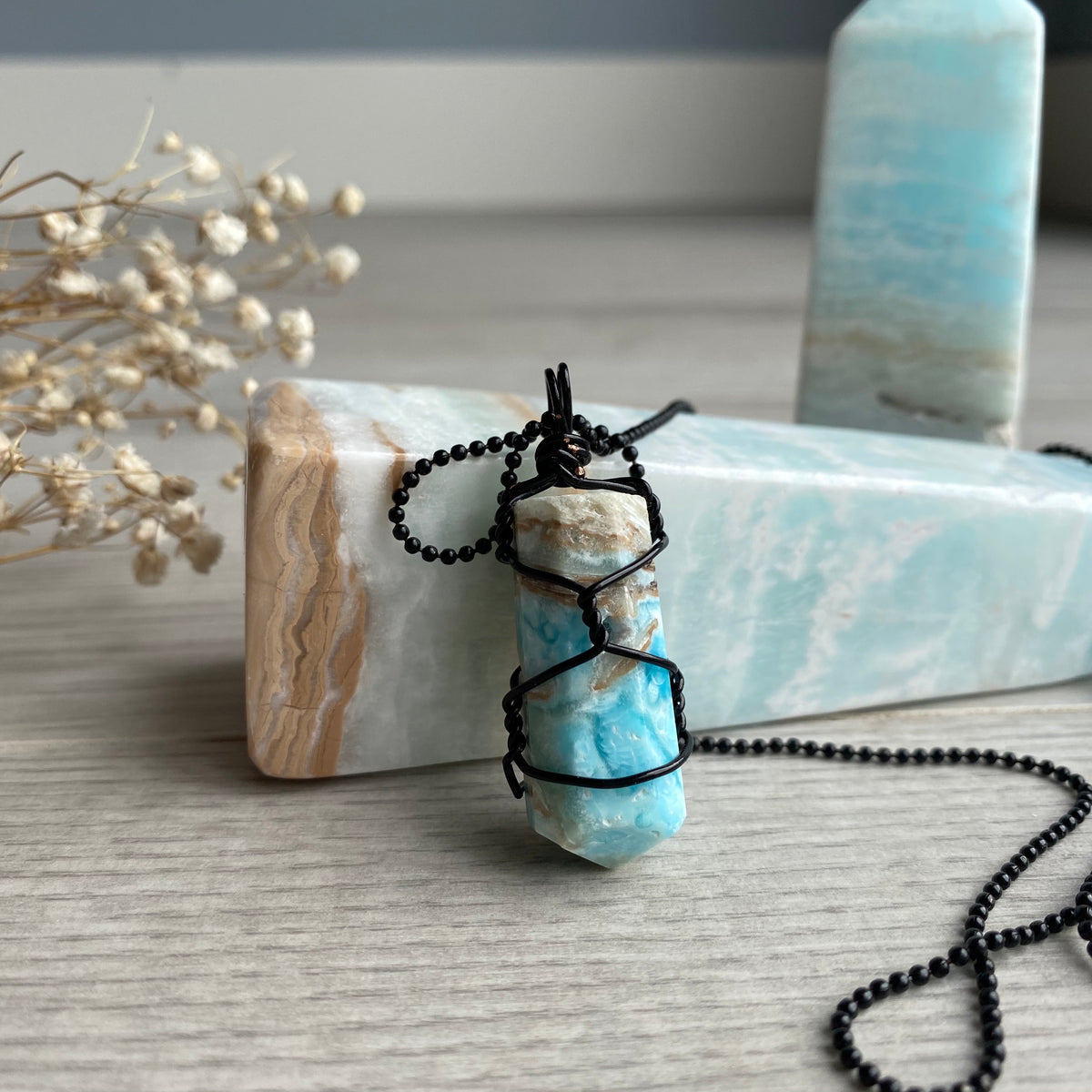 Blue aragonite (calcite) wire wrapped crystal necklace on black chain – Wholehearted Crystal Creations