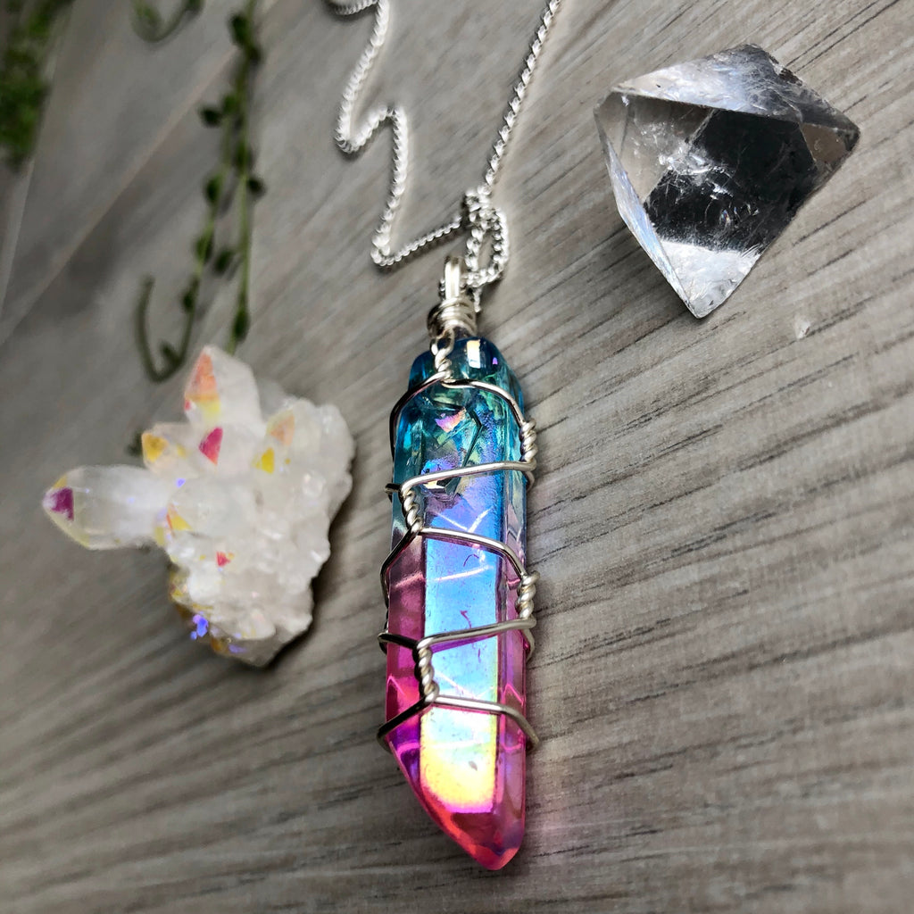 Aura quartz wire wrapped crystal necklace on silver chain – Wholehearted Crystal Creations
