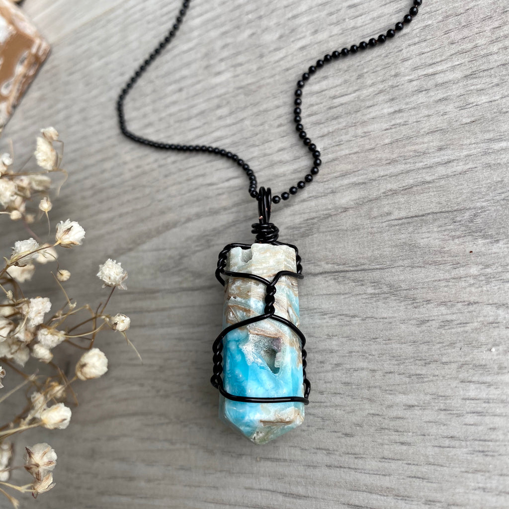 Blue aragonite (calcite) wire wrapped crystal necklace on black chain – Wholehearted Crystal Creations