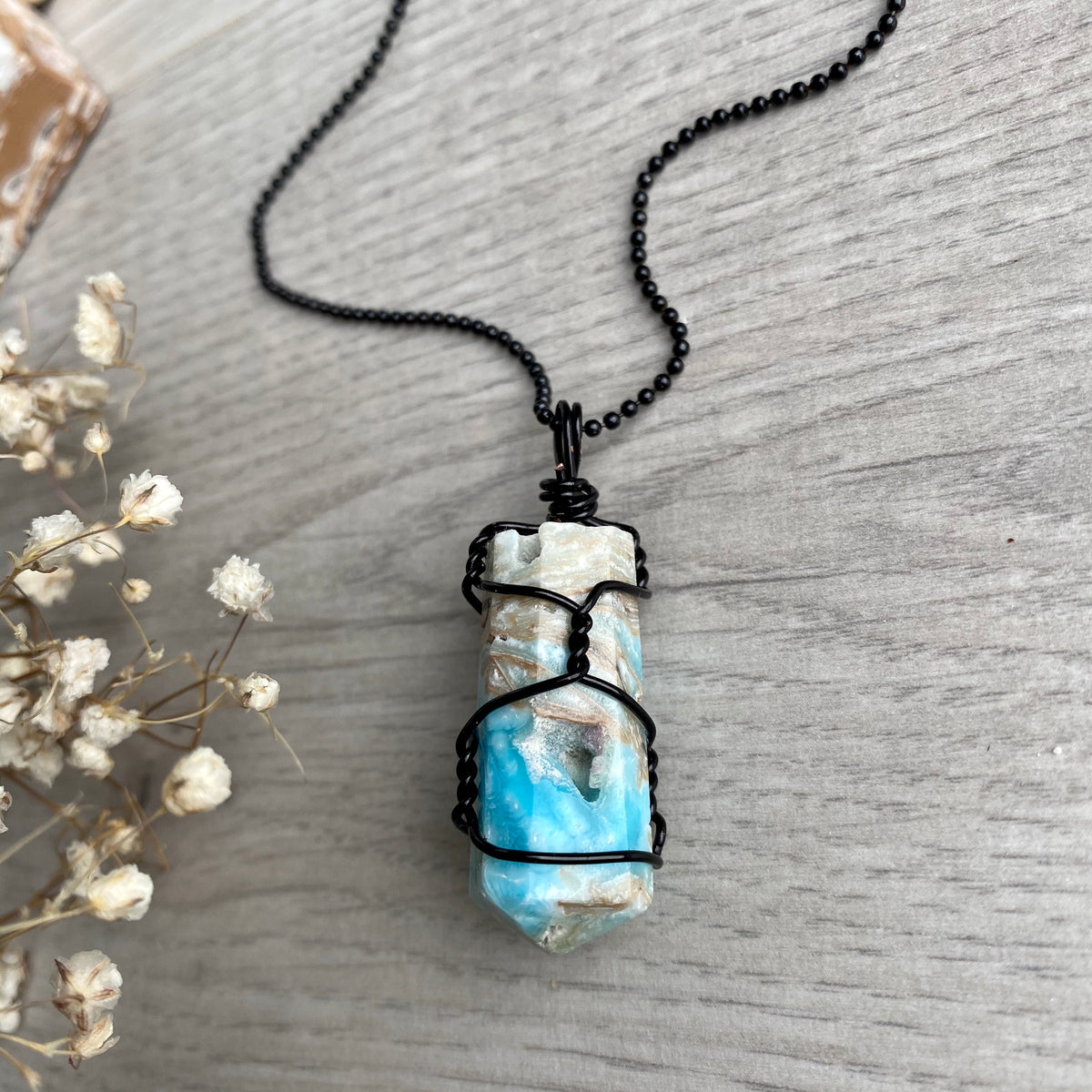 Blue aragonite (calcite) wire wrapped crystal necklace on black chain – Wholehearted Crystal Creations