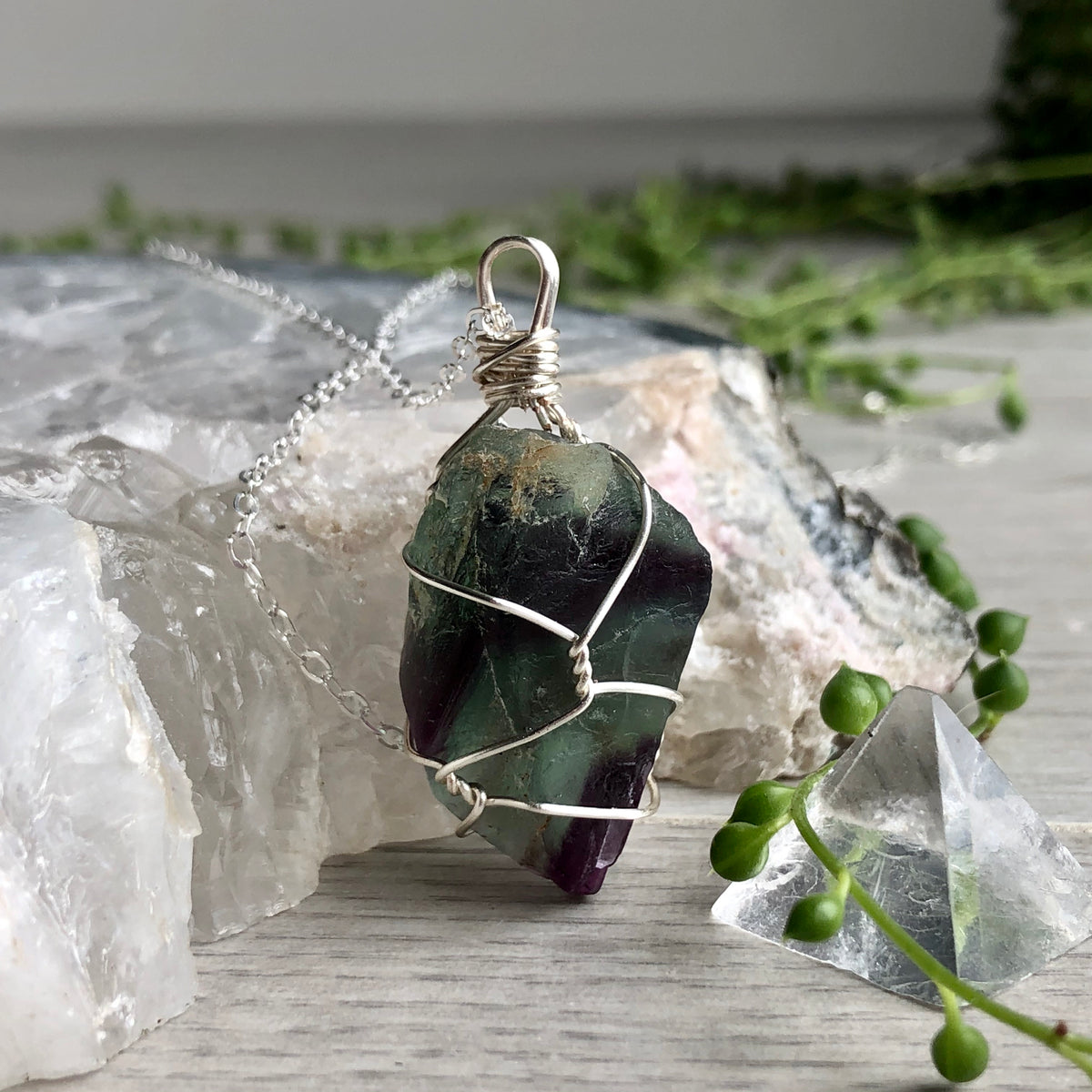 Rainbow fluorite (raw) wire wrapped crystal necklace on silver chain – Wholehearted Crystal Creations