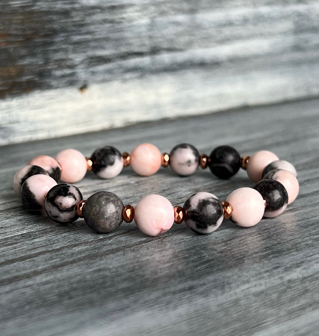 Pink Jasper with Rose Gold Hematite Spacers Stretch Bracelet with Rose –  Wholehearted Crystal Creations