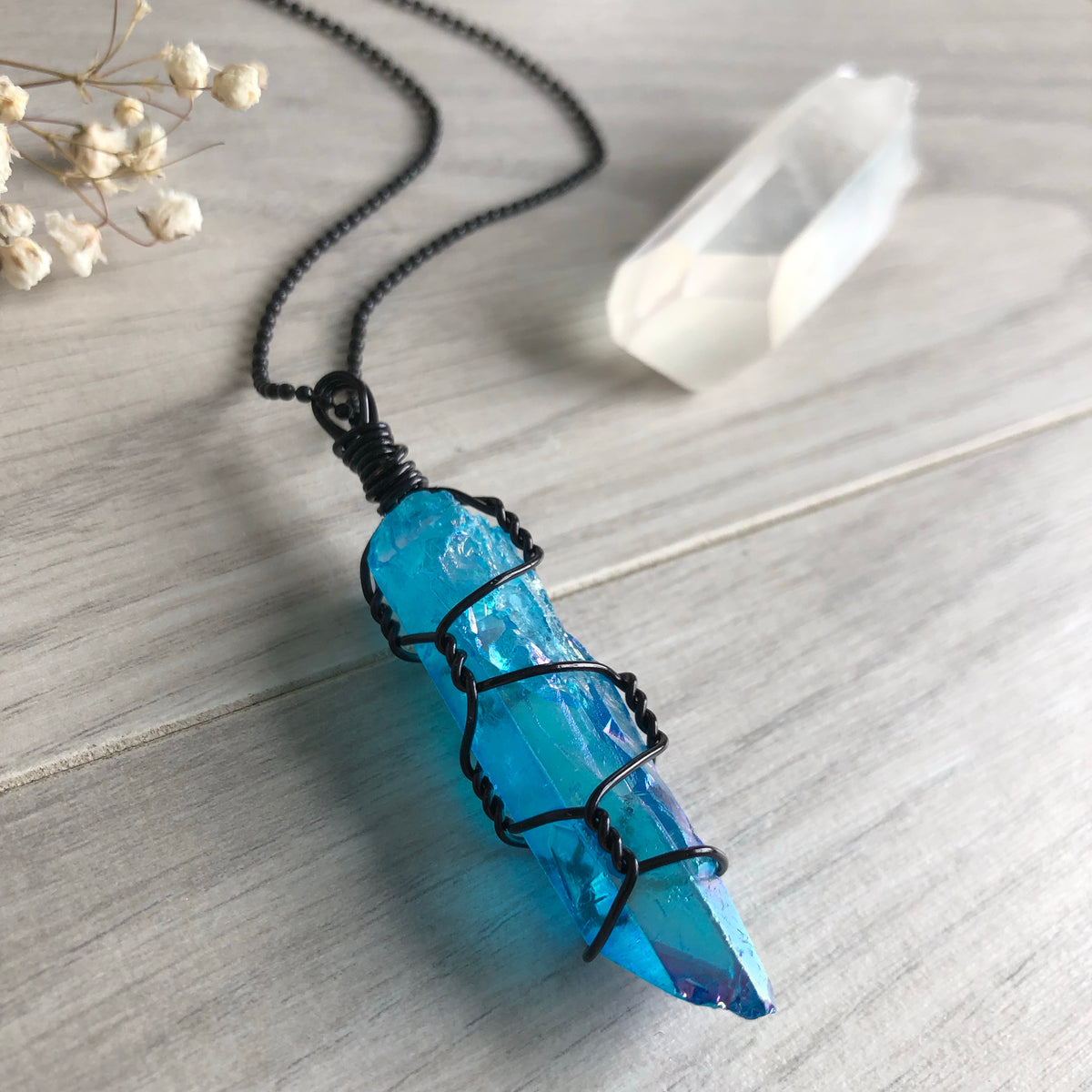 Aqua Aura Quartz on Black Ball Chain – Wholehearted Crystal Creations