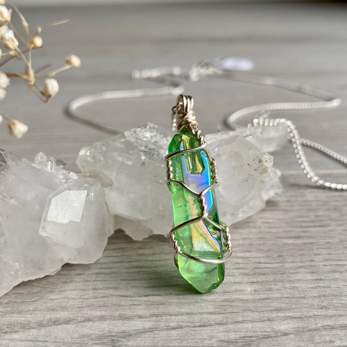 Green apple aura quartz wire wrapped crystal necklace on rose gold chain – Wholehearted Crystal Creations