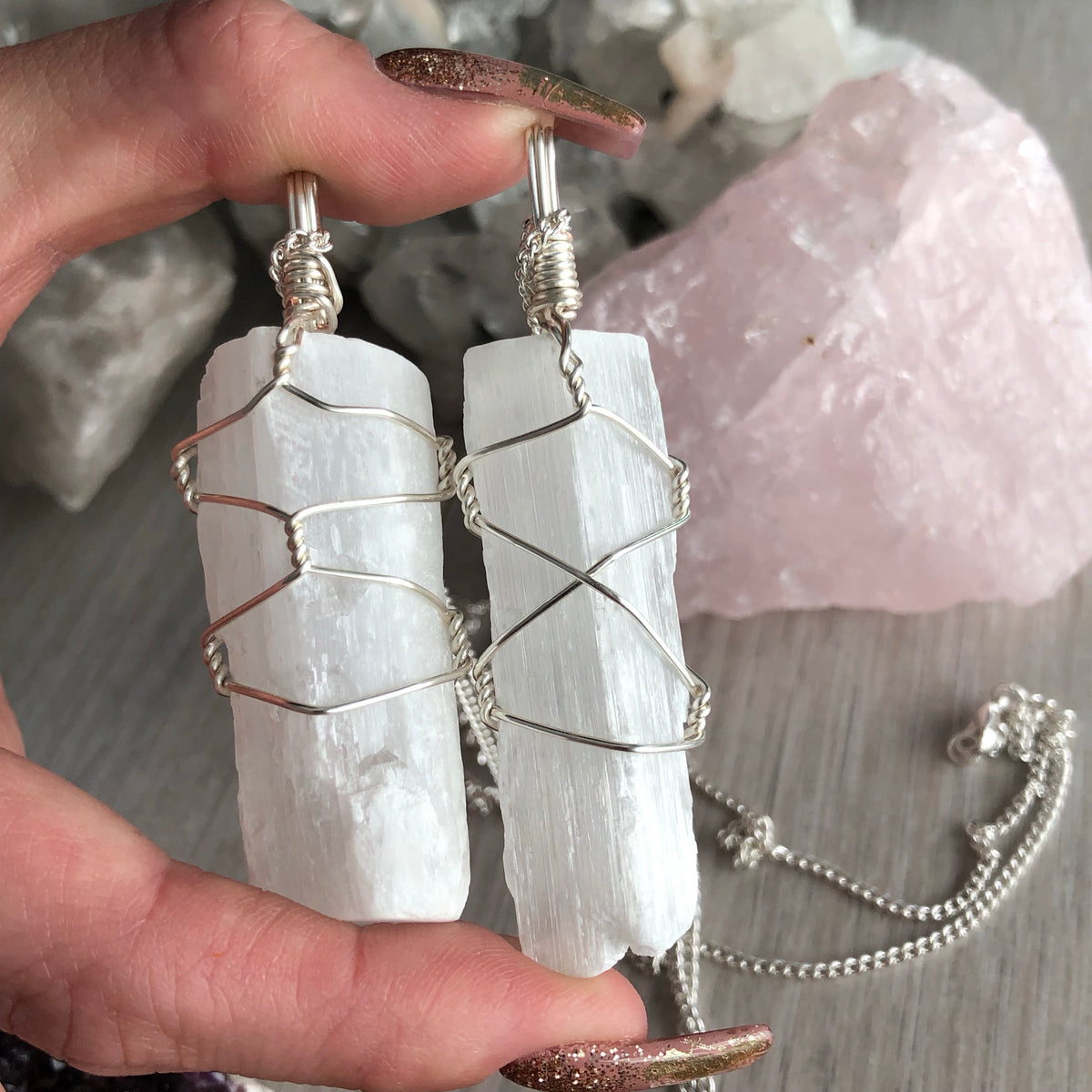 Selenite wire wrapped crystal necklace on silver chain – Wholehearted Crystal Creations
