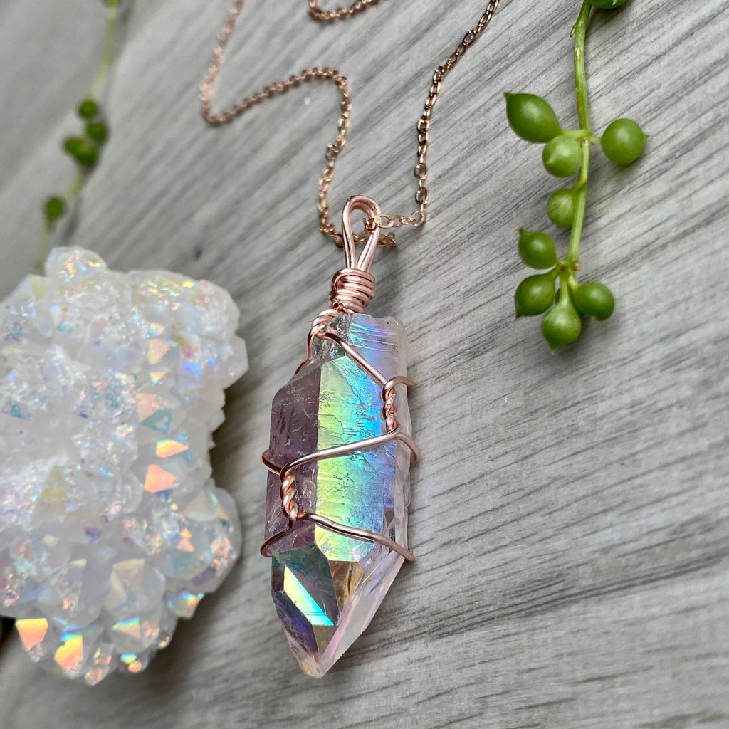 Angel aura quartz wire wrapped crystal necklace on rose gold chain – Wholehearted Crystal Creations