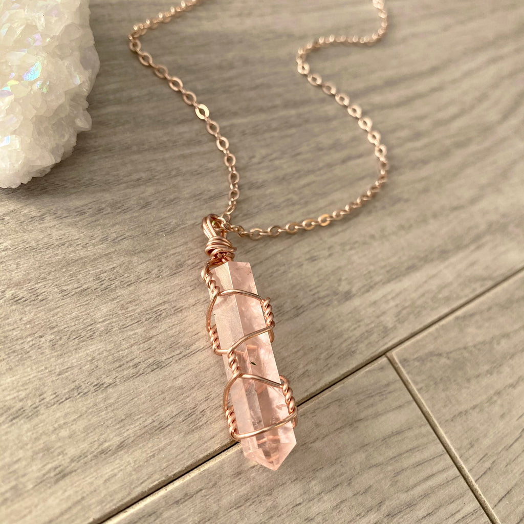 Rose quartz wire wrapped crystal necklace on rose gold chain – Wholehearted Crystal Creations