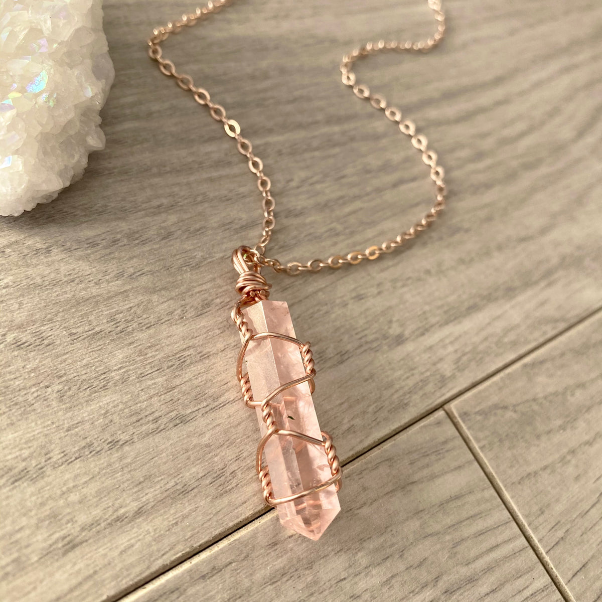 Rose quartz wire wrapped crystal necklace on rose gold chain – Wholehearted Crystal Creations