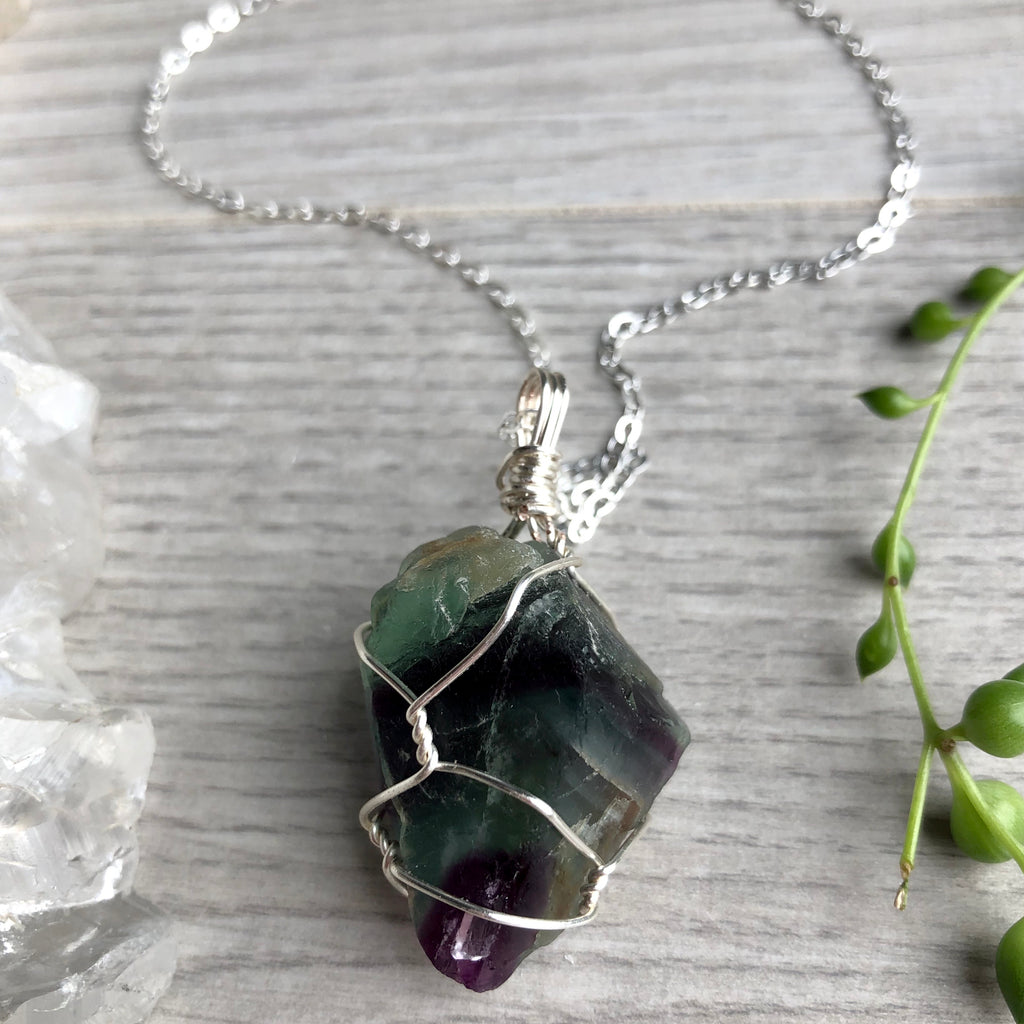 Rainbow fluorite (raw) wire wrapped crystal necklace on silver chain – Wholehearted Crystal Creations