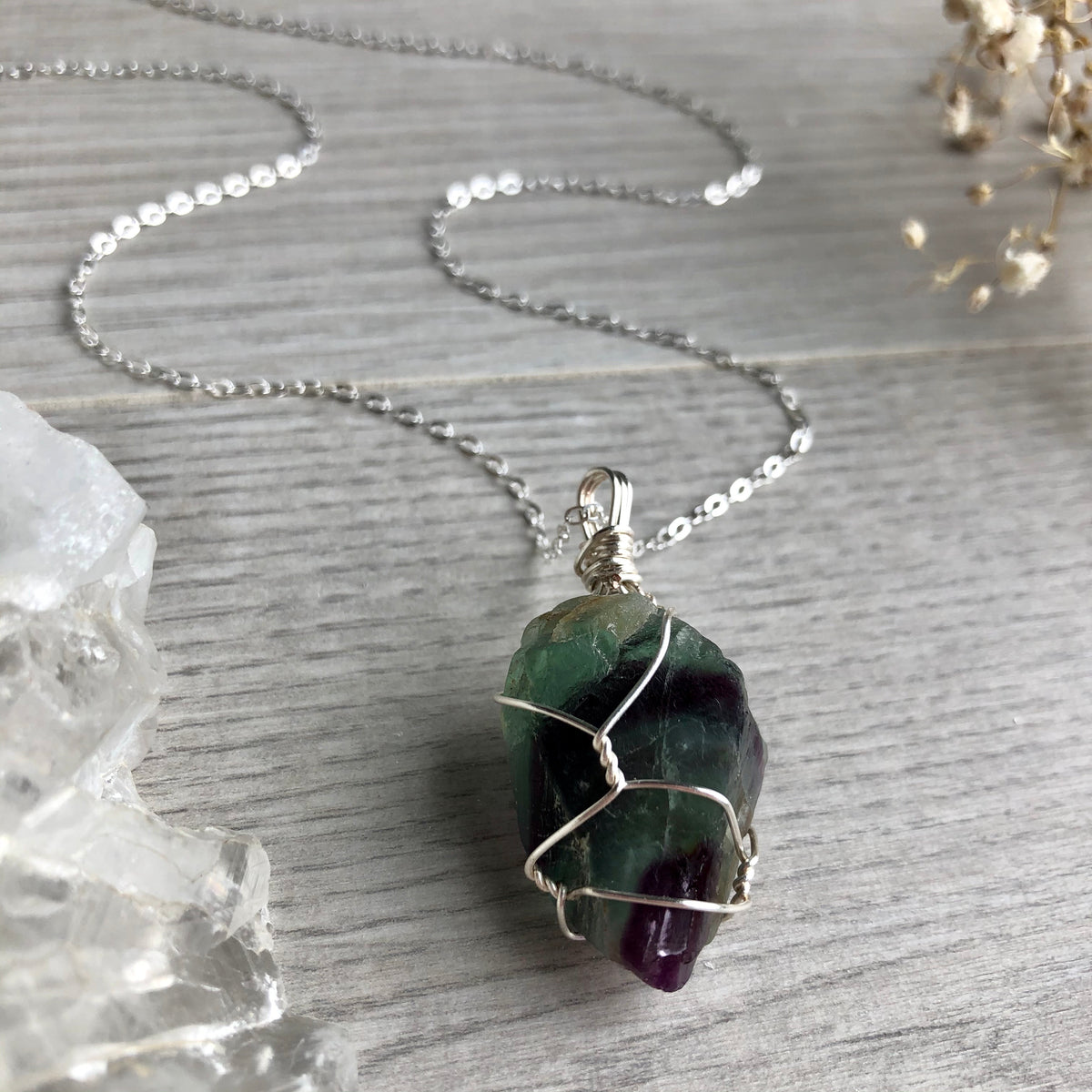 Rainbow fluorite (raw) wire wrapped crystal necklace on silver chain – Wholehearted Crystal Creations