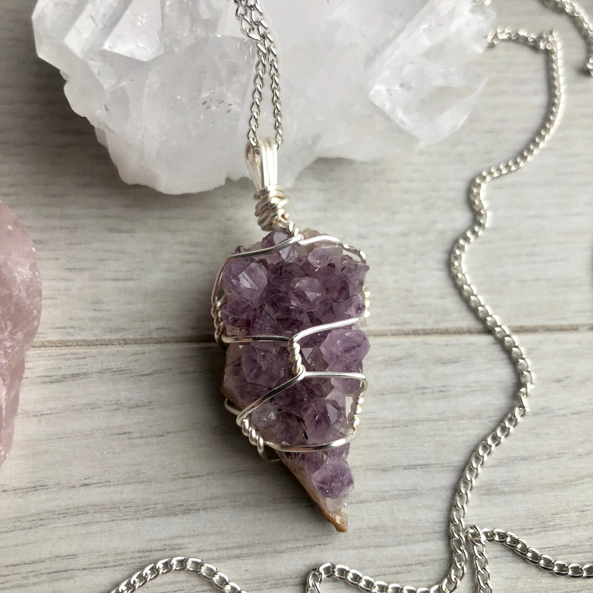 Amethyst cluster wire wrapped crystal necklace on silver chain – Wholehearted Crystal Creations