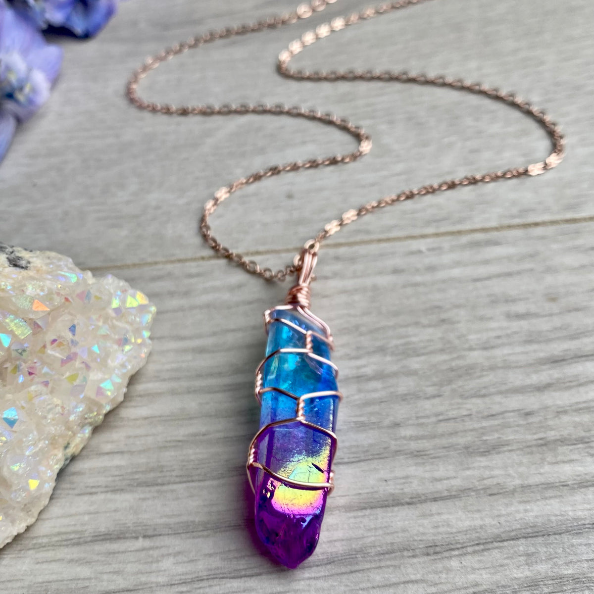 Aura quartz wire wrapped crystal necklace on rose gold chain – Wholehearted Crystal Creations
