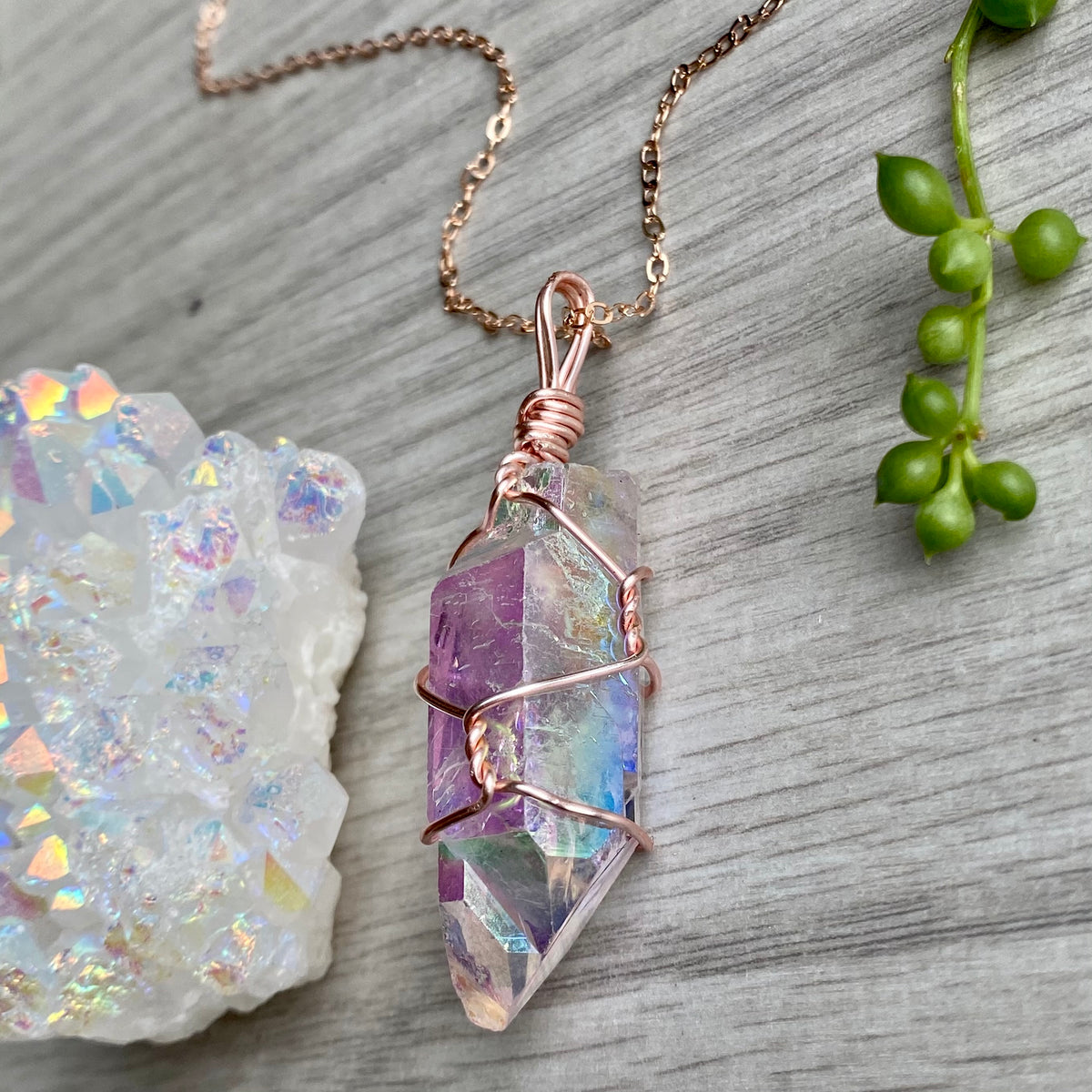 Angel aura quartz wire wrapped crystal necklace on rose gold chain – Wholehearted Crystal Creations
