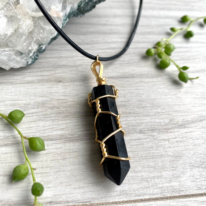 Black Tourmaline gold wire wrapped choker necklace