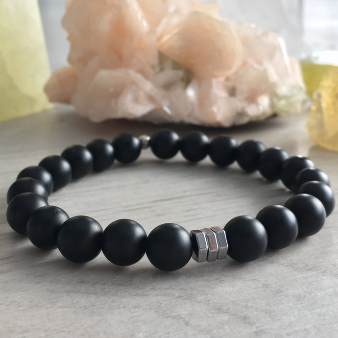 Matte Black Onyx with Hematite Spacers Stretch Bracelet