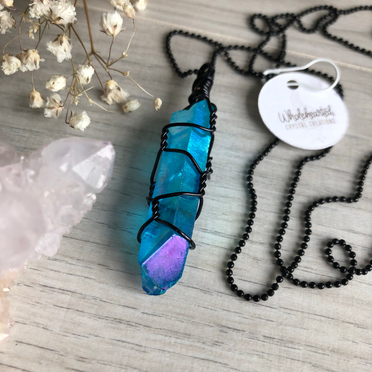 Aqua Aura Quartz on Black Ball Chain – Wholehearted Crystal Creations