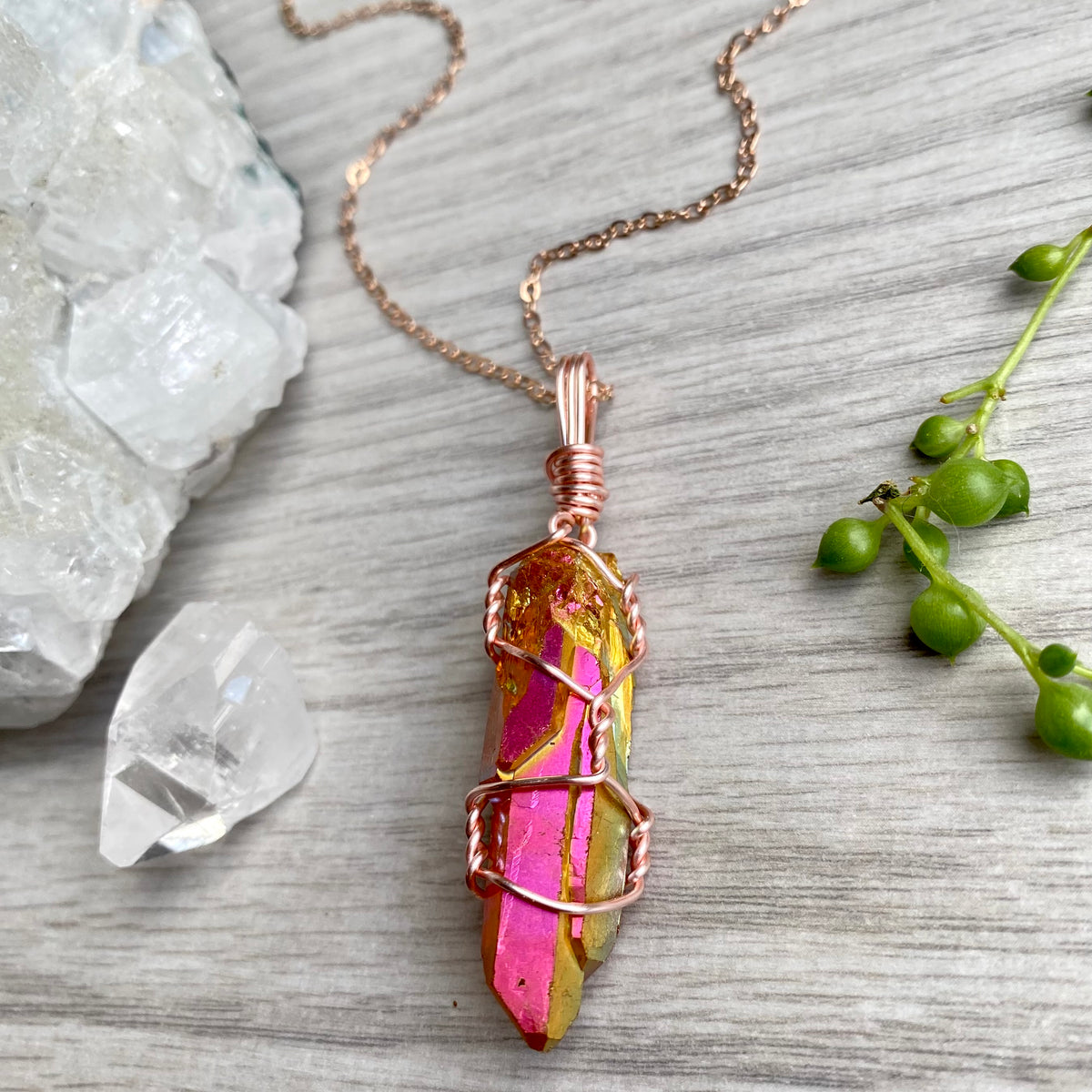 Sunset aura quartz wire wrapped crystal necklace on rose gold chain – Wholehearted Crystal Creations