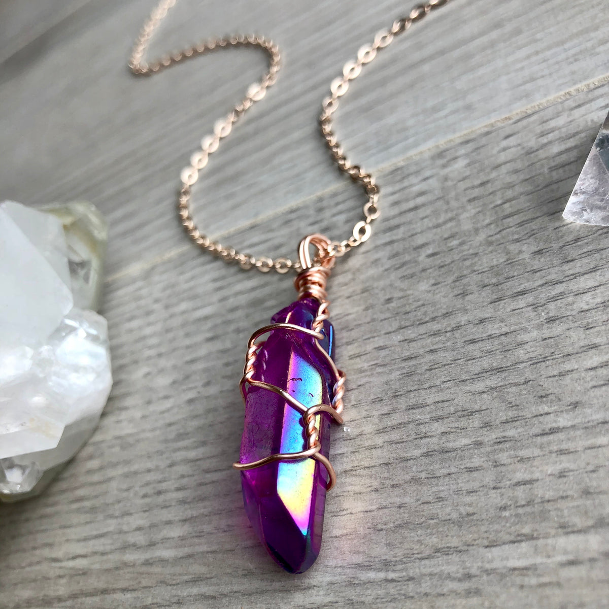 Purple (grape) aura quartz wire wrapped crystal necklace on rose gold chain – Wholehearted Crystal Creations