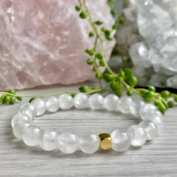 Selenite Beaded Stretch Bracelet with Gold Hematite Spacer