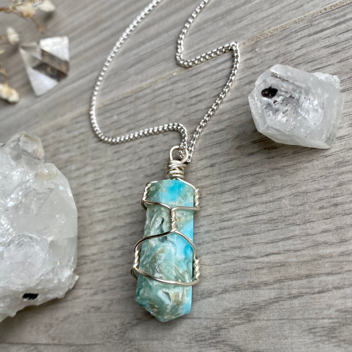 Blue aragonite (calcite) wire wrapped crystal necklace on silver chain – Wholehearted Crystal Creations
