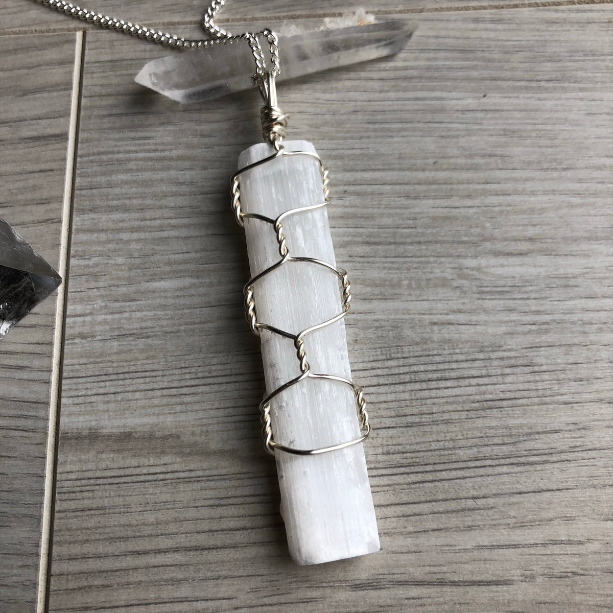 Selenite wire wrapped crystal necklace on silver chain – Wholehearted Crystal Creations