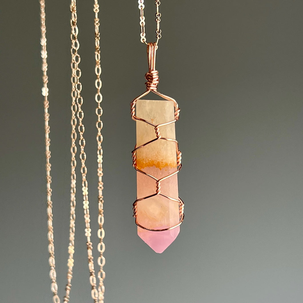 Pink Aragonite Wire Wrapped Necklace (01)